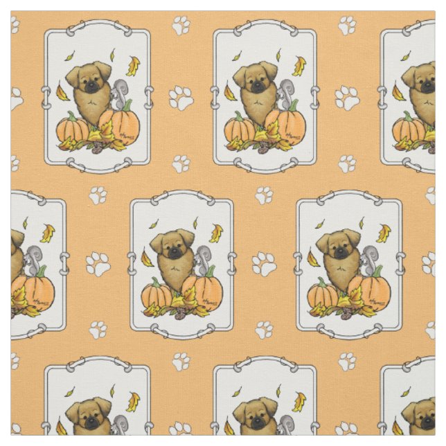 Fall Tibetan Spaniel (Brown) Dog Pumpkins Cute Fabric (Swatch)