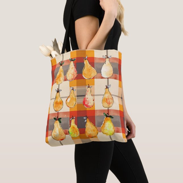 Fall tote bag with autumn plaid and pears (Close Up)