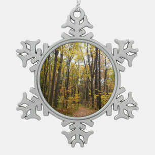 Fall Trail and Golden Leaves at Laurel Hill Park Snowflake Pewter Christmas Ornament