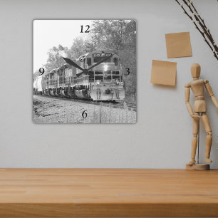 Fall Train Black And White Square Wall Clock