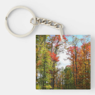 Fall Trees and Blue Sky Autumn Nature Photography Keychain