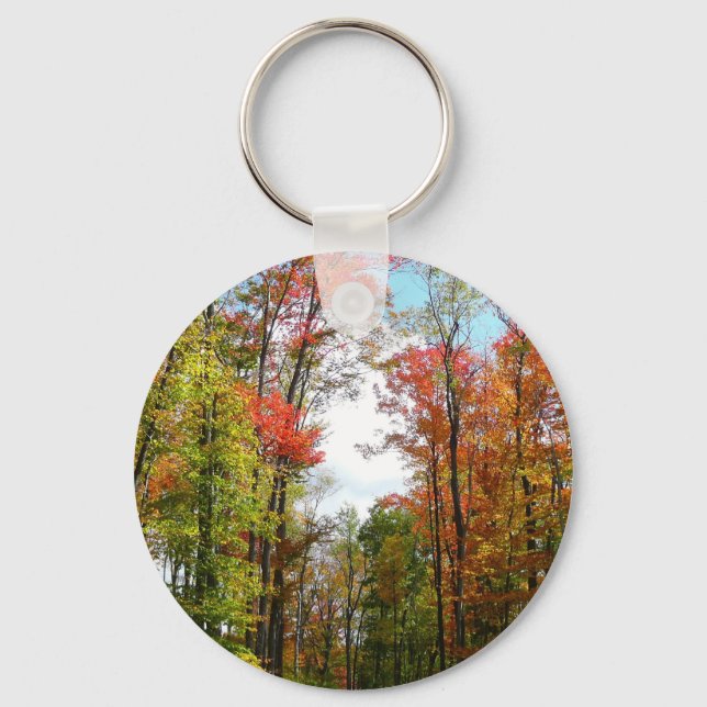 Fall Trees and Blue Sky Autumn Nature Photography Keychain (Front)