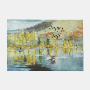 Fall trees and swimming elk with customizable text doormat