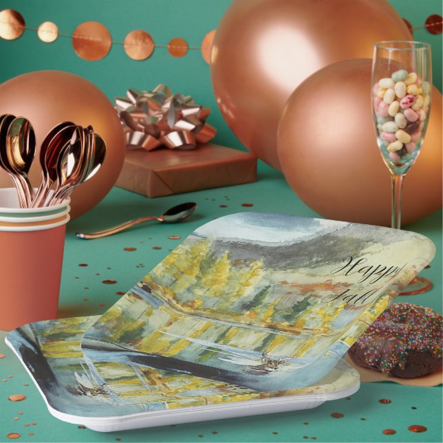 Fall trees and swimming elk with customizable text paper plate (Multi)