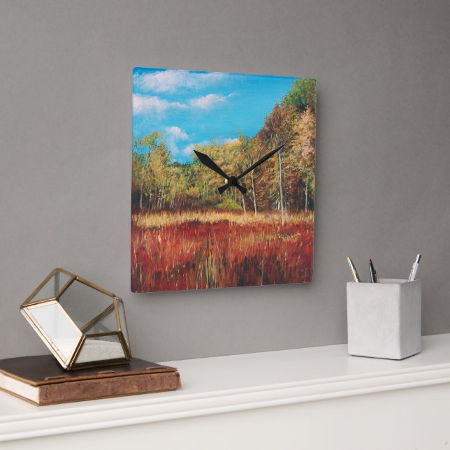 Fall Trees Blue Sky Art Square Wall Clock (Office)