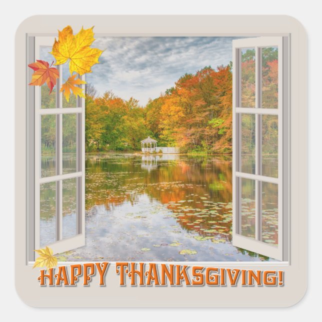 Fall trees, lake, open window Thanksgiving Day Square Sticker (Front)