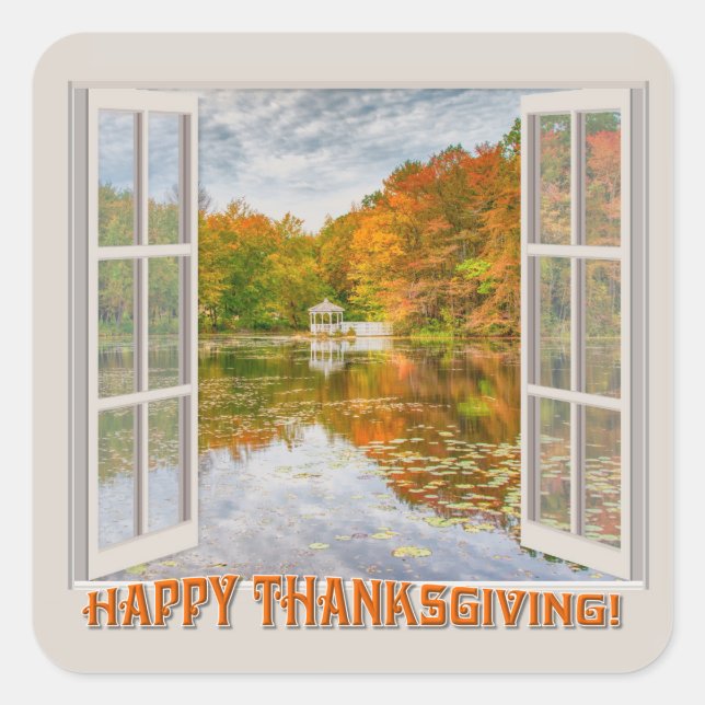 Fall trees, lake, open window Thanksgiving Day Square Sticker (Front)