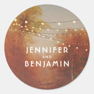 Fall Trees Park and String Lights Rustic Classic Round Sticker