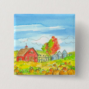 Fall Trees Pumpkin Patch Red Barn 2 Inch Square Button