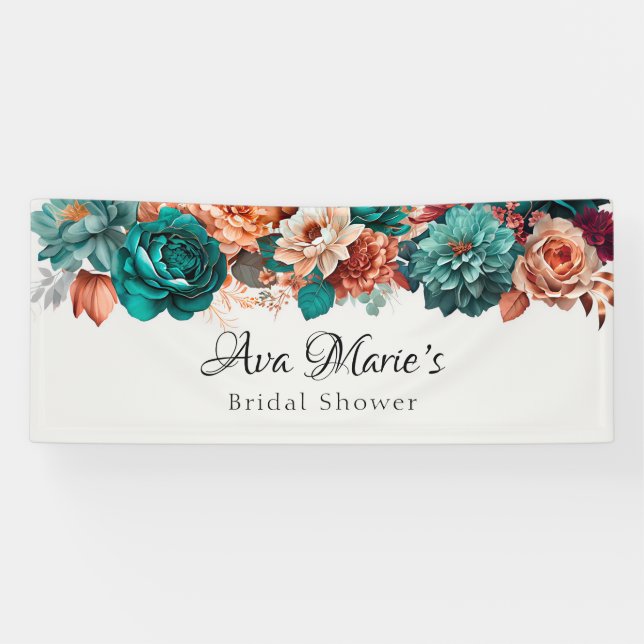 Fall Turquoise and Terracotta Peony Bridal Shower Banner (Horizontal)