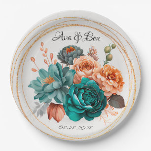 Fall Turquoise and Terracotta Peony Gold Wedding Paper Plate