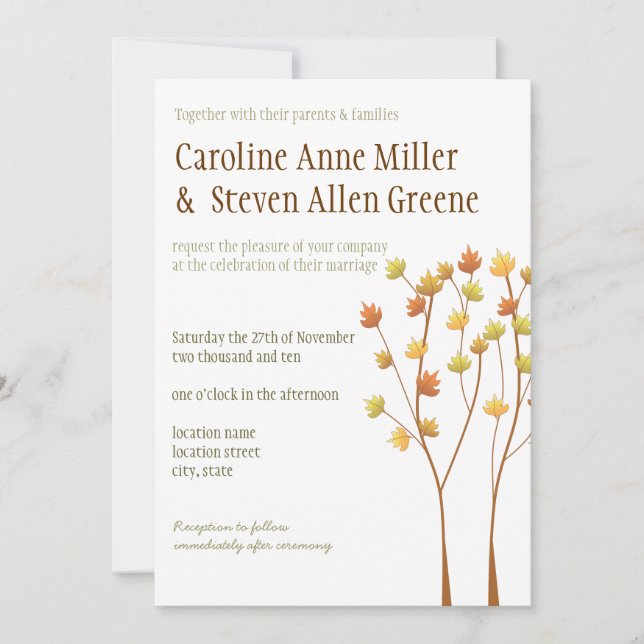 Fall Twig Tree 5x7 Wedding Invitation (Front)