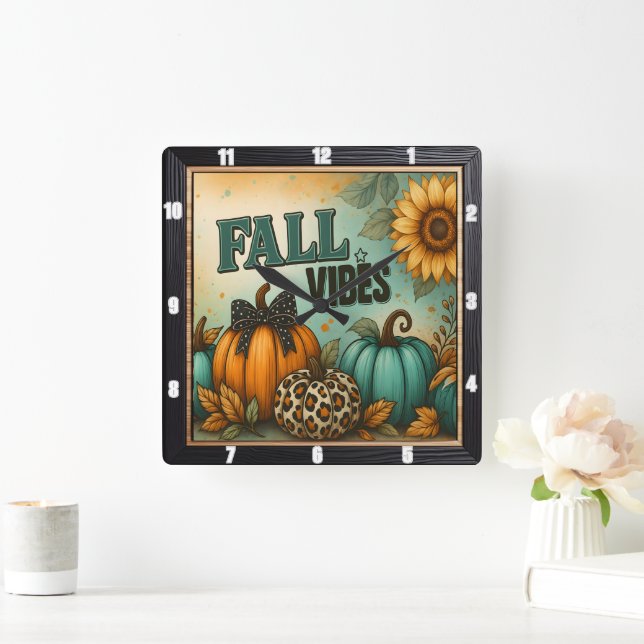  Fall Vibes Autumn Plaid Pumpkins Square Wall Clock (Home)