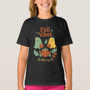 Fall Vibes Boho Ghosts Pumpkins Leaves Cozy Autumn T-Shirt