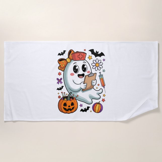 Fall Vibes Ghost Nurse Autumn Beach Towel (Front)