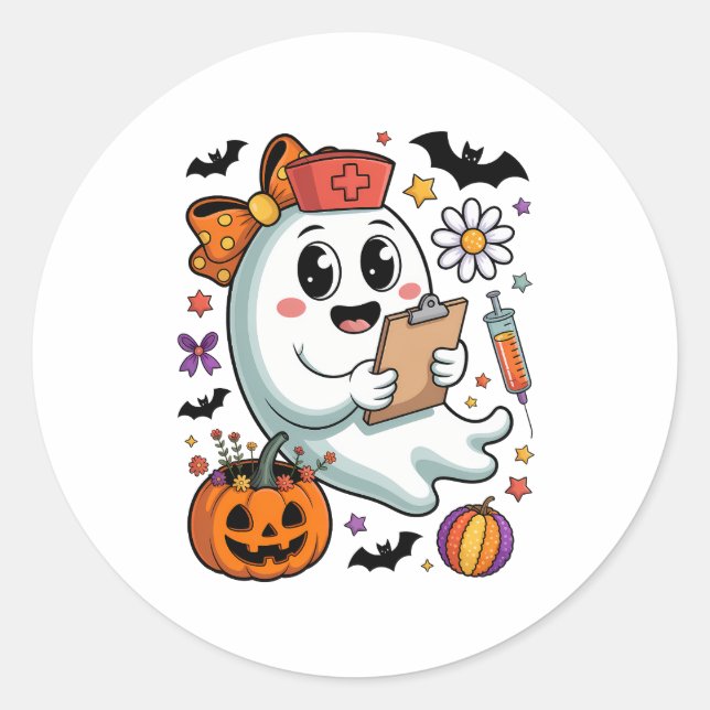 Fall Vibes Ghost Nurse Autumn Classic Round Sticker (Front)