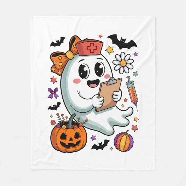 Fall Vibes Ghost Nurse Autumn Fleece Blanket (Front)