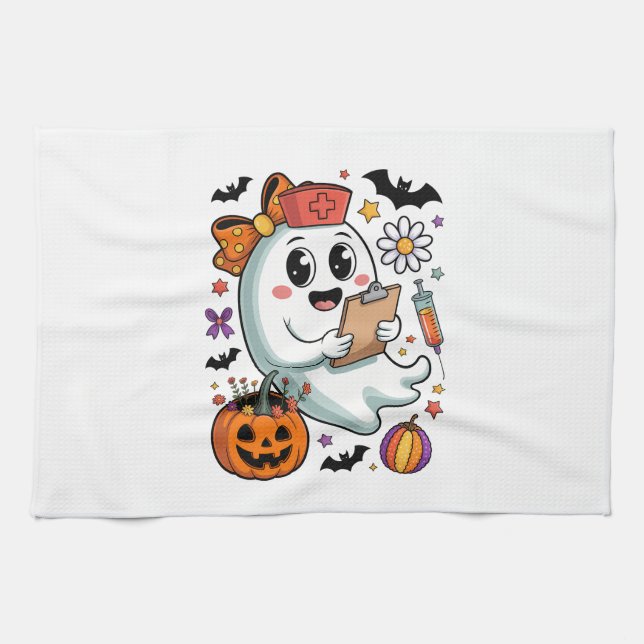 Fall Vibes Ghost Nurse Autumn Kitchen Towel (Horizontal)