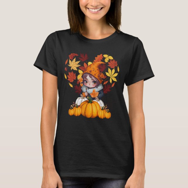 Fall Vibes Gnome Pumpkin Heart Hello Autumn Vibes  T-Shirt (Front)