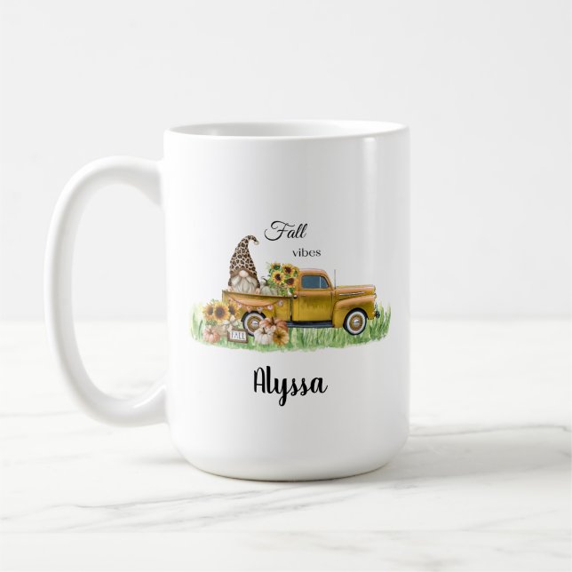 Fall Vibes Leopard Gnome Sunflower Yellow Pickup Coffee Mug (Left)