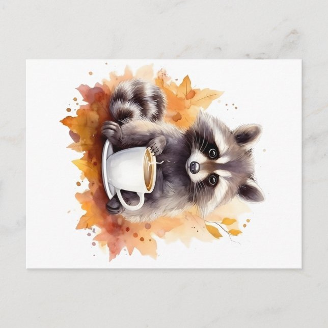 Fall vibes Raccoon with cup of coffee Postcard (Front)