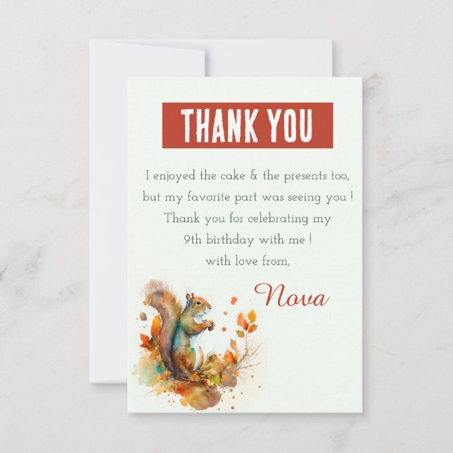 Fall Vibes Watercolor Squirrel - Birthday  Thank You Card (Front)