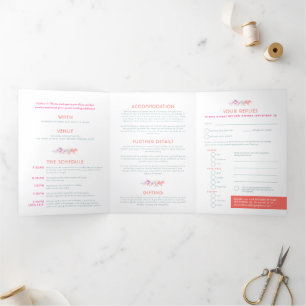 Fall vine coral red sage green watercolor wedding Tri-Fold invitation