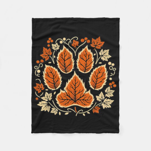 Fall Vine Leaf Dog Paw Print Autumn Maple Leaf Tha Fleece Blanket (Front)