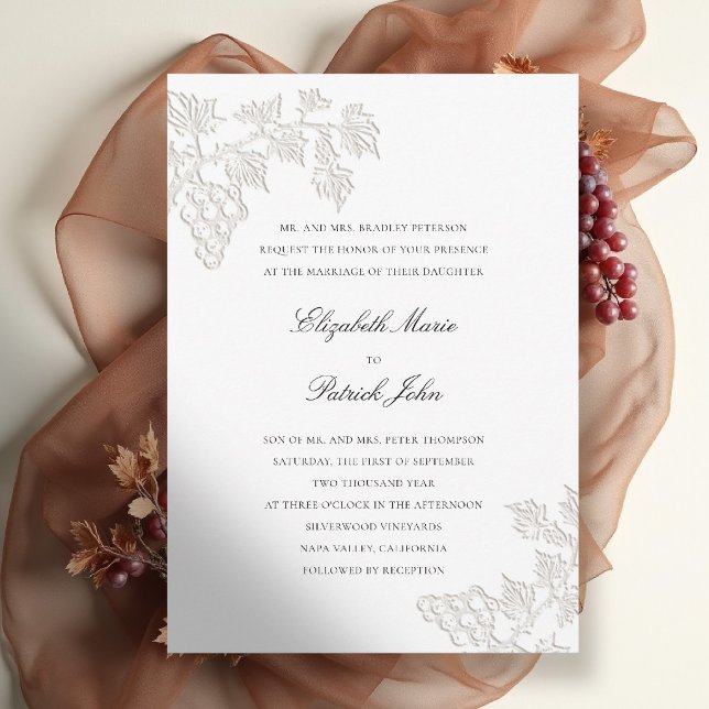 Fall Vineyard Modern Classic Winery Pearl Wedding Invitation (fall vineyard wedding invitation grapevine winery formal modern classic black tie pearl white)