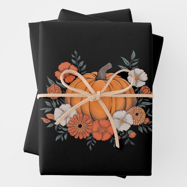 Fall Vintage Pumpkin Autumn Thanksgiving Wrapping Paper Sheet (In situ)