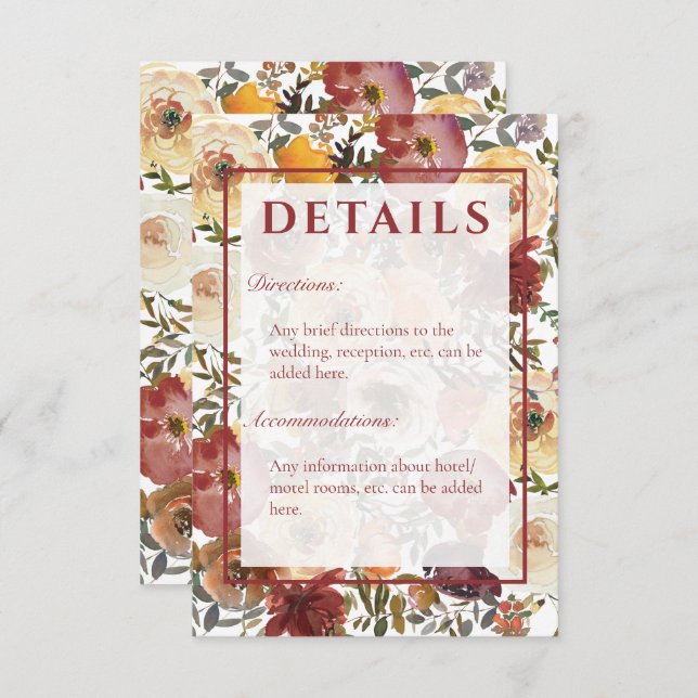 Fall Watercolor Bouquets Wedding Details  Enclosure Card (Front/Back)