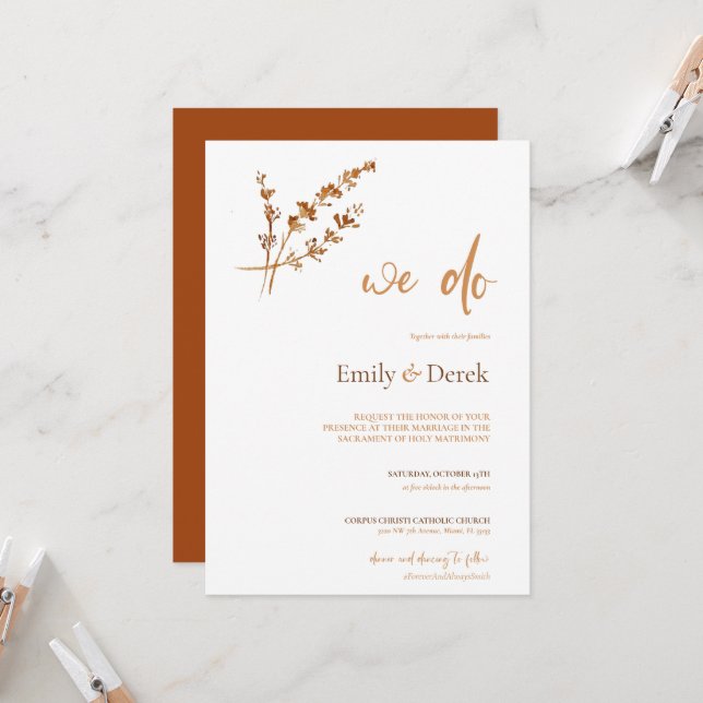 Fall Watercolor Burnt Orange Wedding Invitation (Front/Back In Situ)
