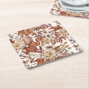 Fall Watercolor Floral Baby Shower Square Paper Coaster