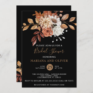 Fall Watercolor Floral Black Dark Bridal Shower Invitation