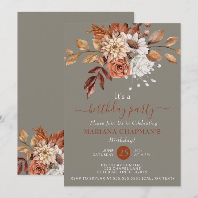 Fall Watercolor Floral Grey Birthday Party Invitation (Front/Back)