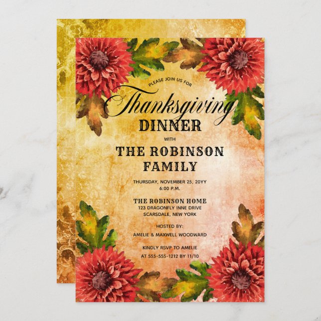 Fall Watercolor Floral Mums Thanksgiving Dinner Invitation (Front/Back)