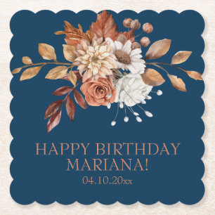 Fall Watercolor Floral Navy Blue Birthday Party Paper Coaster