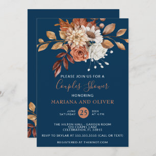 Fall Watercolor Floral Navy Blue Couples Shower Invitation