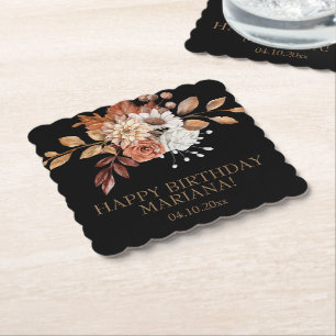 Fall Watercolor Floral on Black Birthday Party Pap Paper Coaster