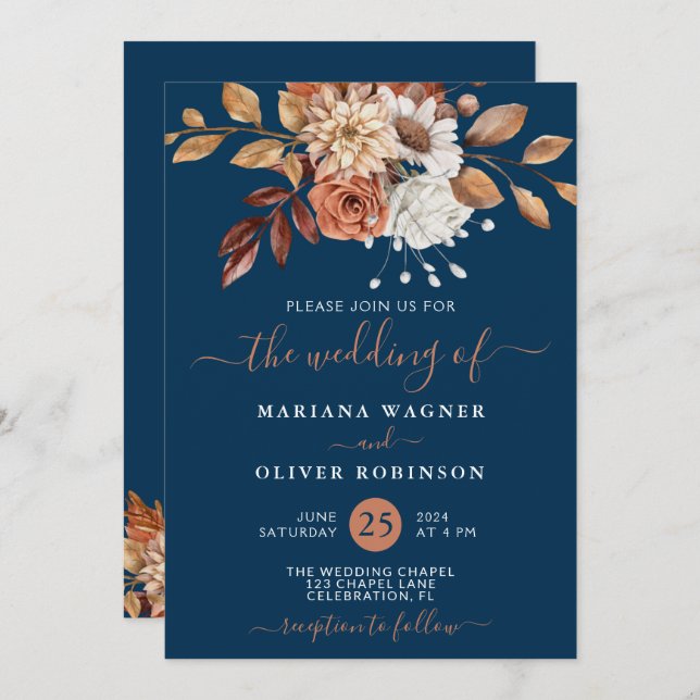 Fall Watercolor Floral on Navy Blue Wedding Invitation (Front/Back)
