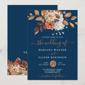 Fall Watercolor Floral on Navy Blue Wedding Invitation