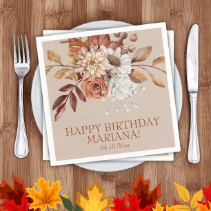 Fall Watercolor Floral on Taupe Birthday Party Napkin