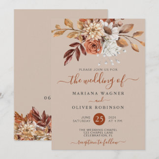 Fall Watercolor Floral on Taupe Wedding Invitation