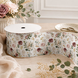 Fall Watercolor Floral Ribbon Dusty Rose & Blush Satin Ribbon