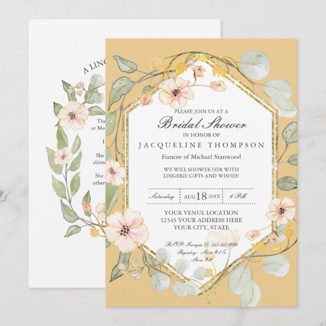 Fall Watercolor Floral Rose Mustard Bridal Shower Invitation (Front/Back)