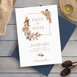 Fall Watercolor Floral Square Gold Frame Wedding Save The Date