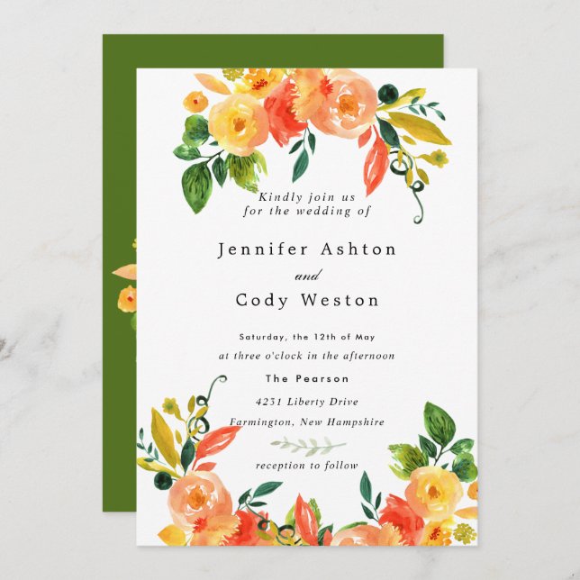 Fall Watercolor Flowers Wedding Invitation (Front/Back)
