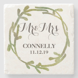 Fall Watercolor Green Leaves Wedding Stone Coaster