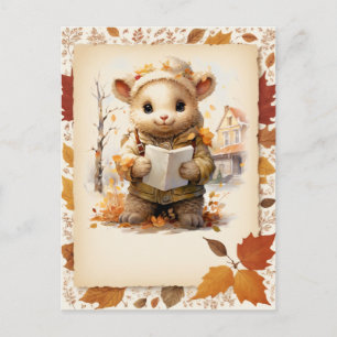 Fall Watercolor Lamb holding a letter - Postcard