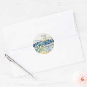 Fall watercolor landscape with customizable text classic round sticker